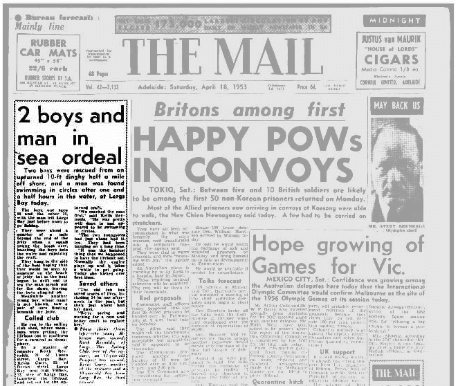 The story appeared on the front page of the 18 April 1953 edition of The Mail.