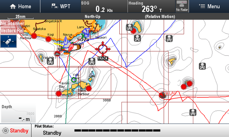 The Blue track above is in light air with full Mainsail and Genoa flat seas and great conditions.  Wind speeds 8-12 knots.  The Red track is 2 or 3 Reefs in the Mainsail and the Staysail out most of the time.  15-25 TWS.  Tacking angles end up about the same no matter what sail configuration.