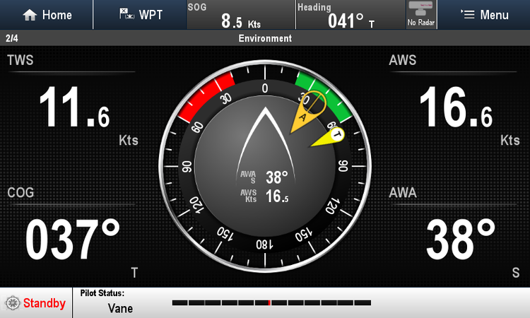 This screen shot was taken whilst sailing upwind offshore with full Mainsail and Genoa.  Light seastate.  The TWS indicator is a little off.  It bounces around alot as the speed log moves through the waves.