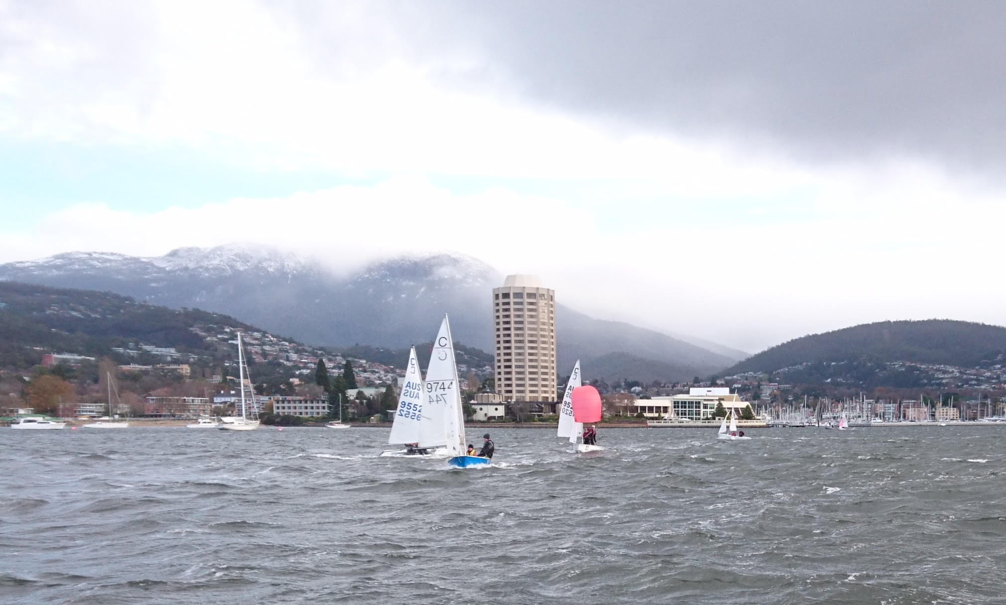 The team warming up on the Derwent River, Hobart, earlier this year.