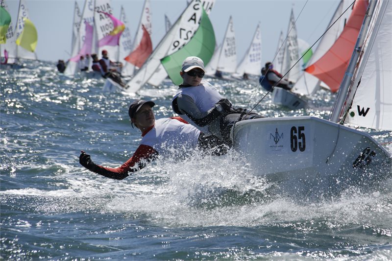 International Cadets, working hard at this years Nationals off Largs Bay Sailing Club Adelaide. Photo: Dave Birss, Epsom Rd Studios