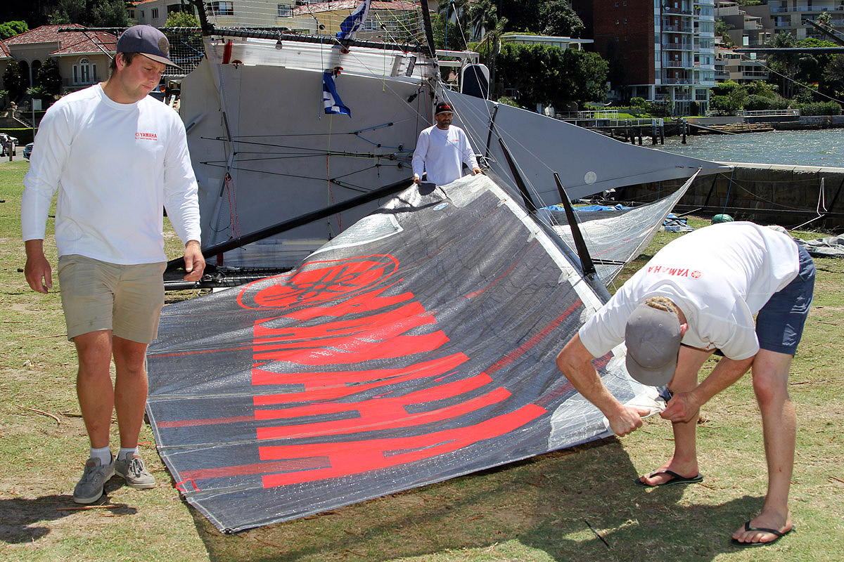 The Yamaha crew prepare the skiff for a practice sail on Sydney Harbour