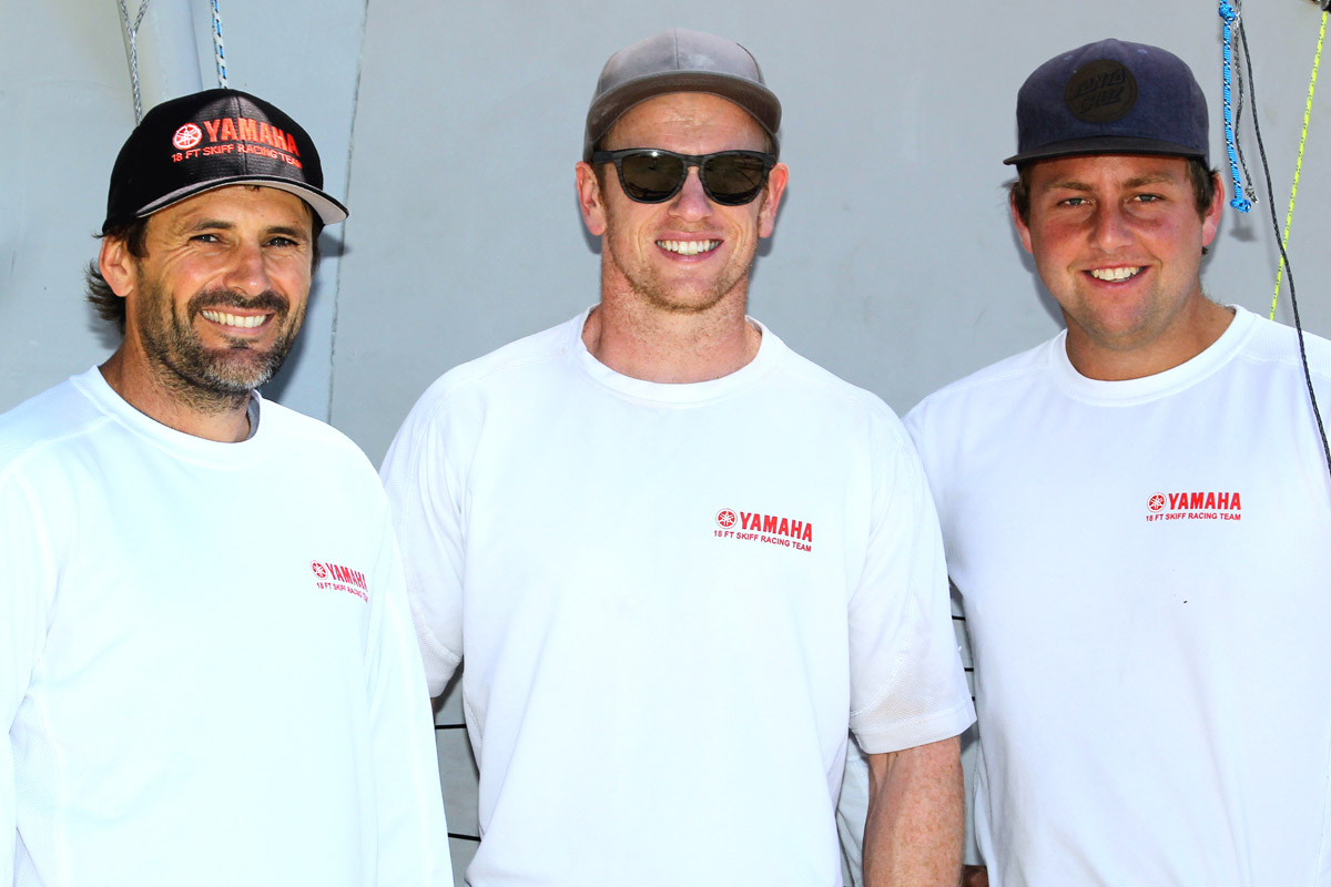 The Yamaha team of David McDiarmid, Matt Steven and Brad Collins in Sydney for the 2017 JJ Giltinan 18ft Skiff Championship